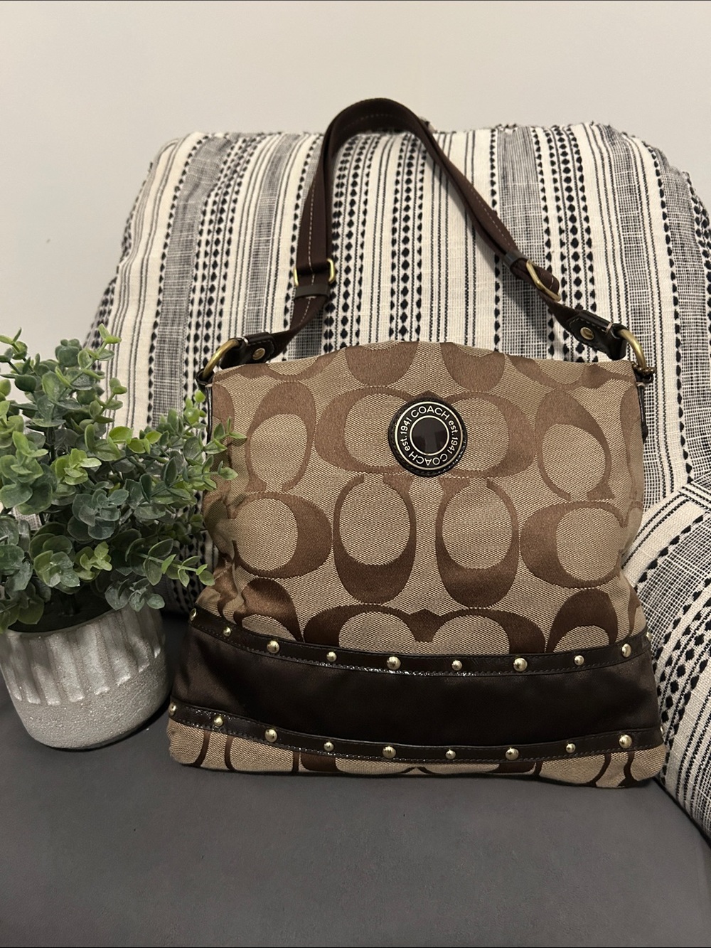 Coach Signature Canvas Shoulder Bag in Tan and Dark Brown EUC